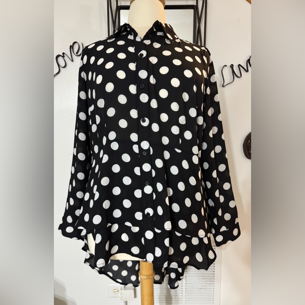 Lane Bryant Black with White Polka Dots, High Low Blouse, Women, Size 18